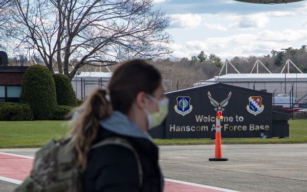 Members of The 801st Combat Support Hospital, U.S. Army Reserve, Fort Sheridan, Illinois, arrives in Hanscom Air Force Base
