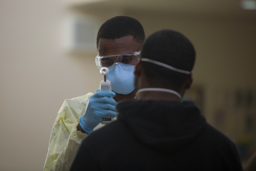 US Sailors with 3rd Medical Bn screen USS Theodore Roosevelt Sailors for COVID-19 symptoms