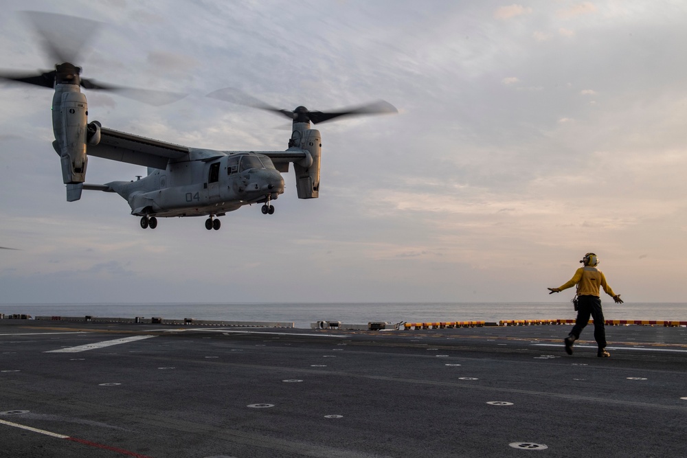 USS America (LHA 6) conducts flight operations April 14, 2020