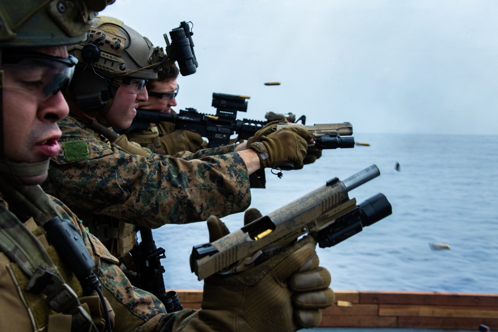 31st MEU Marines hone fast rope techniques and marksmanship aboard USS America