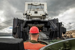 Marines with 3rd MLG Rearrange Heavy Equipment aboard USNS Dahl