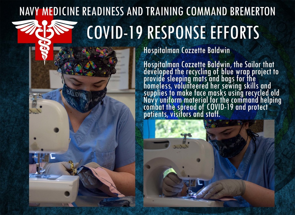 This is an official U.S. Navy informational graphic from Navy Medicine Readiness and Training Command Bremerton highlighting COVID-19 response efforts. It features Hospitalman Cozzette Baldwin, a sailor who volunteered her sewing skills to create face masks from recycled Navy uniform material. The graphic includes two photographs of Baldwin operating a sewing machine while wearing scrubs, a face mask, and surgical gloves.