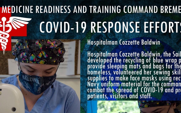 This is an official U.S. Navy informational graphic from Navy Medicine Readiness and Training Command Bremerton highlighting COVID-19 response efforts. It features Hospitalman Cozzette Baldwin, a sailor who volunteered her sewing skills to create face masks from recycled Navy uniform material. The graphic includes two photographs of Baldwin operating a sewing machine while wearing scrubs, a face mask, and surgical gloves.