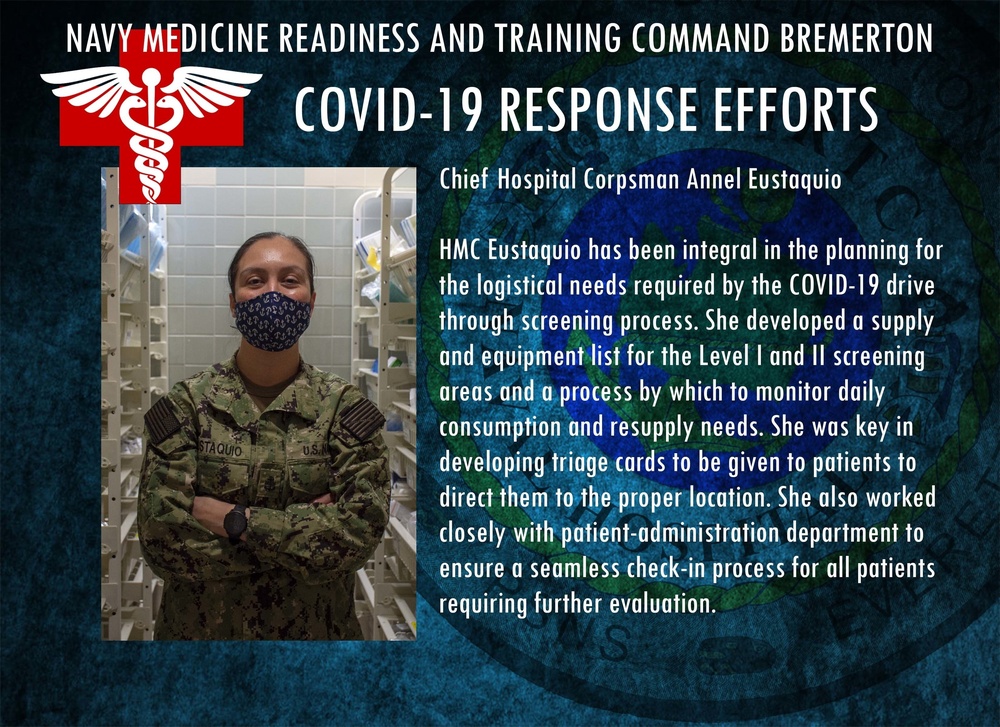 This is an official U.S. Navy informational graphic from Navy Medicine Readiness and Training Command Bremerton highlighting COVID-19 response efforts. It features Chief Hospital Corpsman Annel Eustaquio, who is recognized for her logistical planning contributions to the COVID-19 drive-through screening process. The graphic details her role in developing supply lists, triage cards, and coordinating patient check-in procedures.