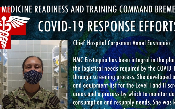 This is an official U.S. Navy informational graphic from Navy Medicine Readiness and Training Command Bremerton highlighting COVID-19 response efforts. It features Chief Hospital Corpsman Annel Eustaquio, who is recognized for her logistical planning contributions to the COVID-19 drive-through screening process. The graphic details her role in developing supply lists, triage cards, and coordinating patient check-in procedures.