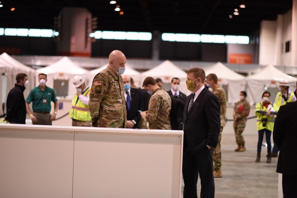 Leaders Tour Newly Installed Isolation Pods at McCormick Place Convention Center