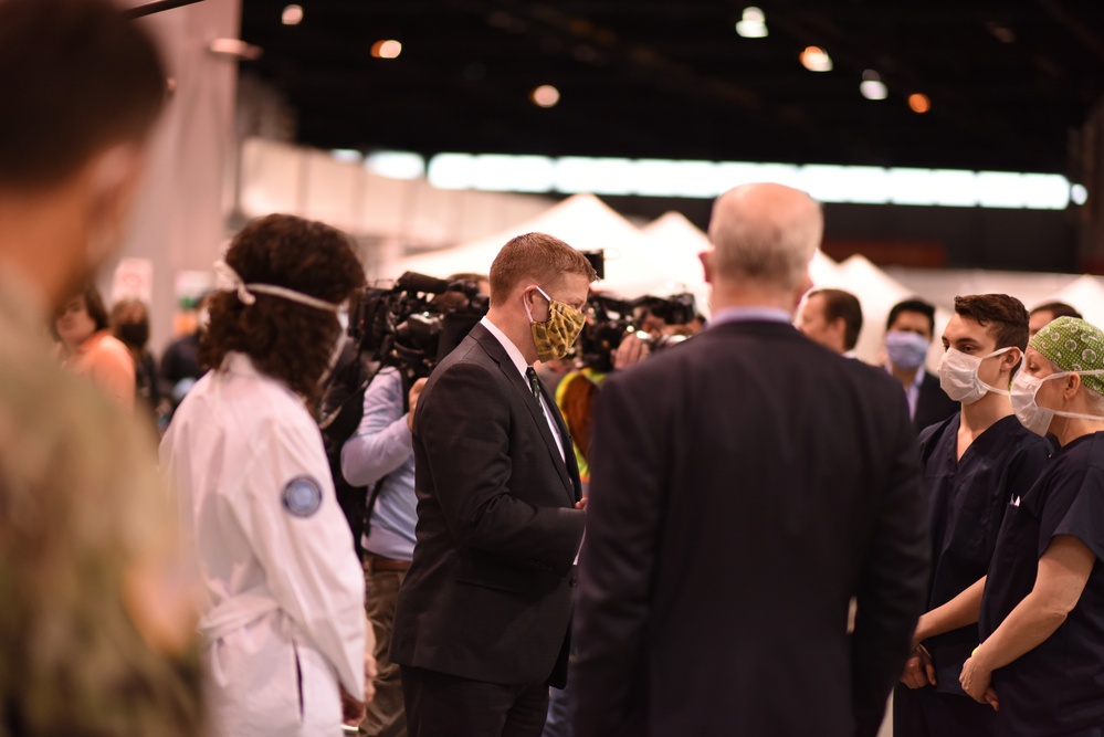 Leaders Tour Newly Installed Isolation Pods at McCormick Place Convention Center