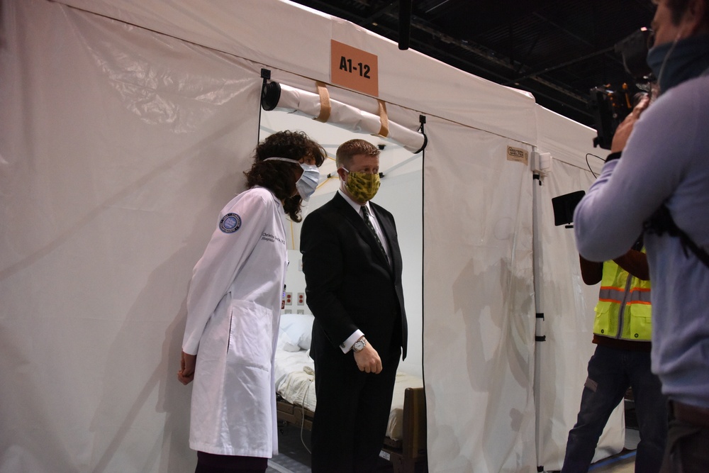 Leaders Tour Newly Installed Isolation Pods at McCormick Place Convention Center