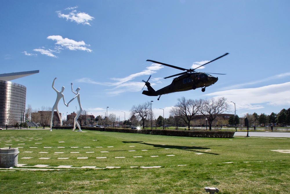 Black Hawk landing at the Colorado Convention Center