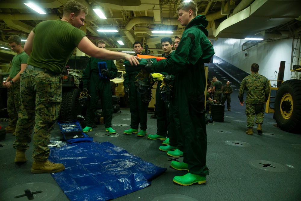 Marines conduct CBRN training aboard USS America in South China Sea