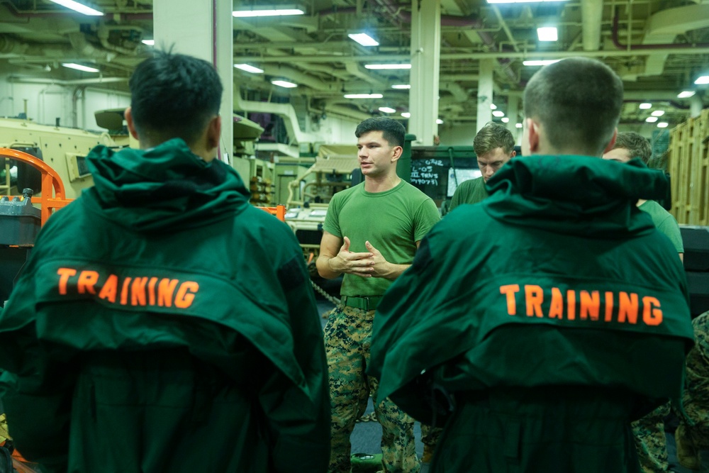 Marines conduct CBRN training aboard USS America in South China Sea