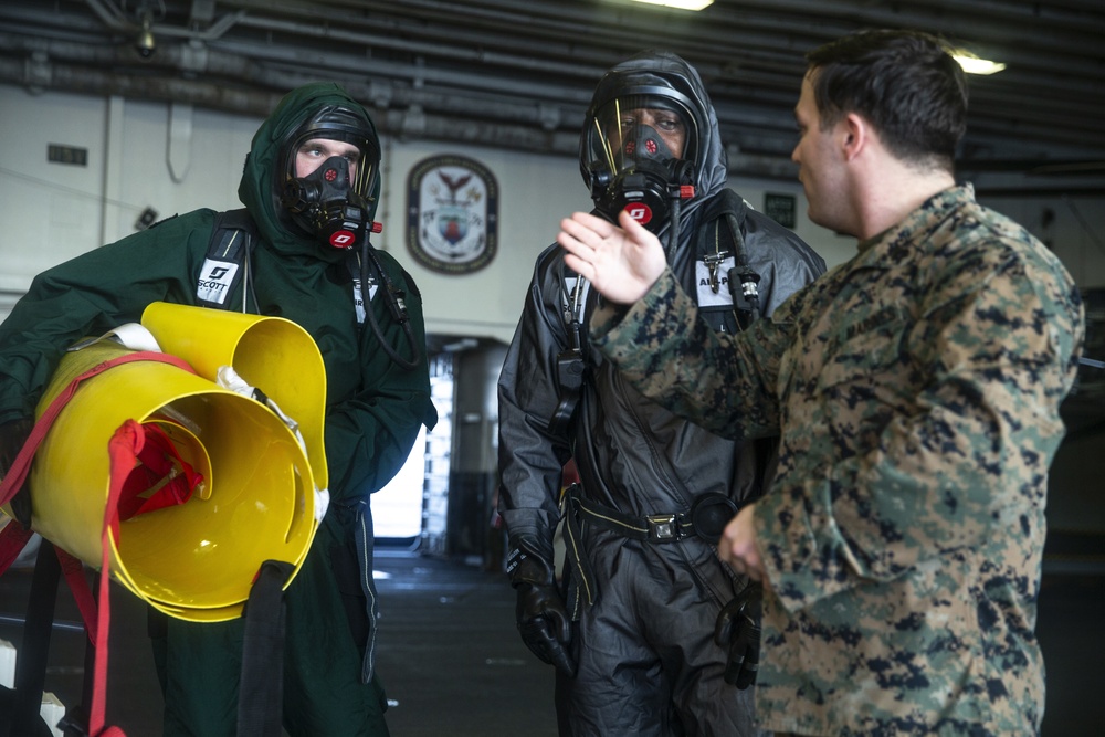 Marines conduct CBRN training aboard USS America in South China Sea