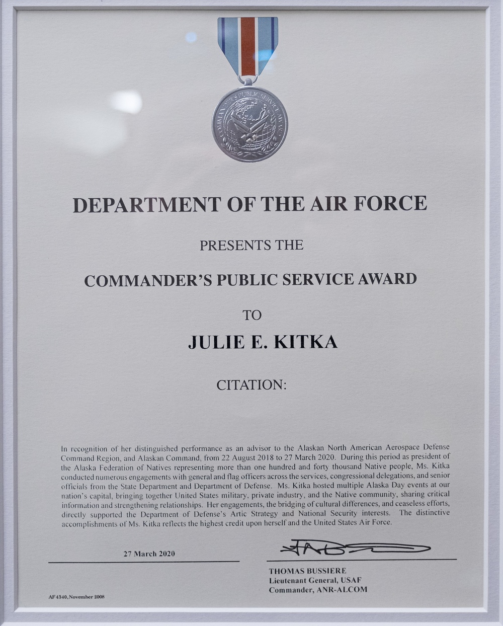Alaskan NORAD Command Region, Alaskan Command, and Eleventh Air Force Commander Presents Public Service Award