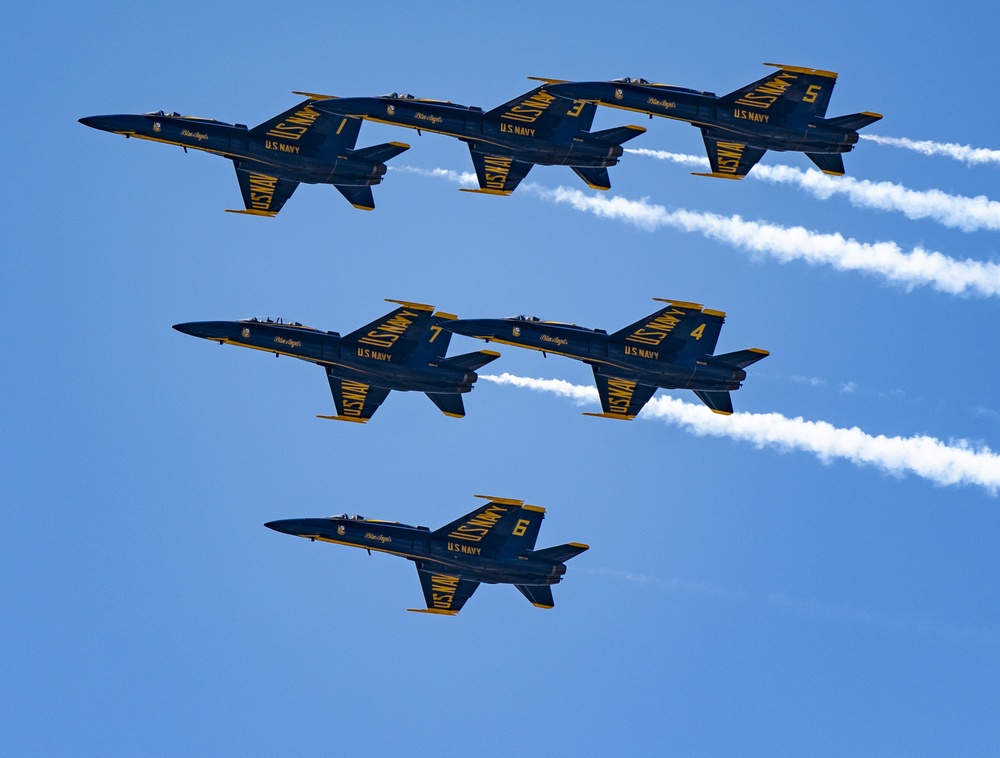 The U.S. Navy Flight Demonstration Squadron, the Blue Angels in flight formation for America Strong formation