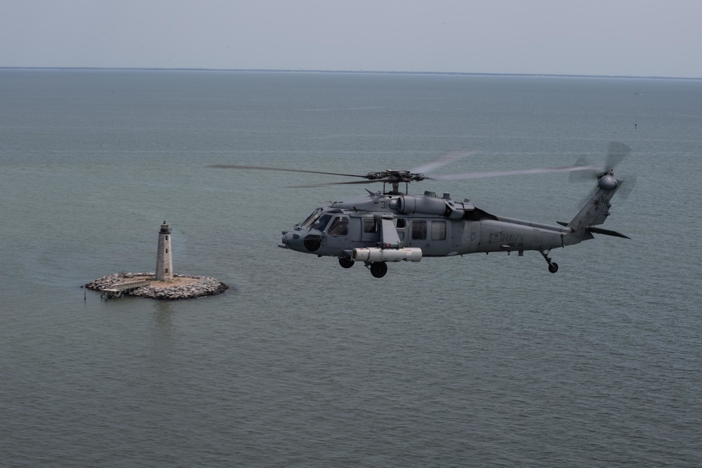 An MH-60S Sea Hawk demonstrates ALMDS equipment