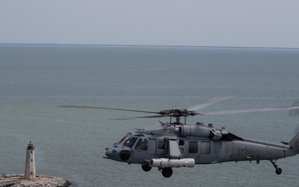 An MH-60S Sea Hawk demonstrates ALMDS equipment