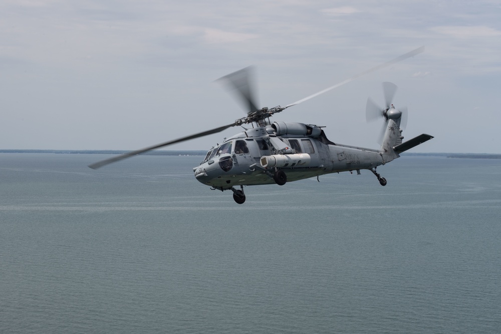 An MH-60S Sea Hawk demonstrates ALMDS equipment