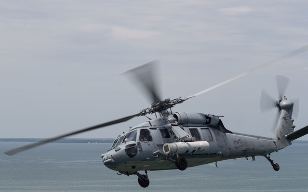 An MH-60S Sea Hawk demonstrates ALMDS equipment