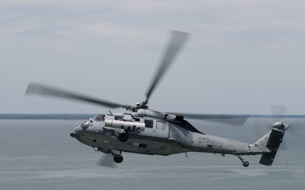 An MH-60S Sea Hawk demonstrates ALMDS equipment