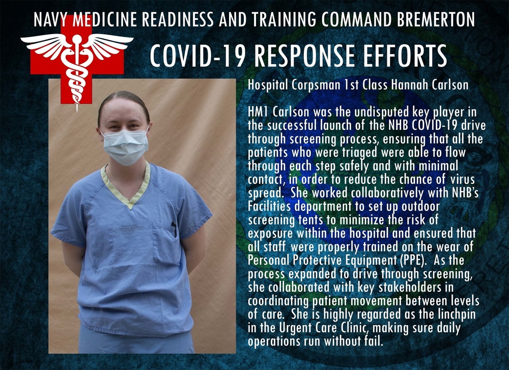 This is an official U.S. Navy Medicine informational graphic recognizing Hospital Corpsman 1st Class Hannah Carlson for her COVID-19 response efforts at Navy Medicine Readiness and Training Command Bremerton. The graphic highlights her key role in establishing the NHB COVID-19 drive-through screening process, PPE training, and coordination of patient care. She is shown wearing blue scrubs and a face mask in a portrait-style photo.
