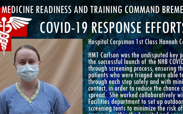 This is an official U.S. Navy Medicine informational graphic recognizing Hospital Corpsman 1st Class Hannah Carlson for her COVID-19 response efforts at Navy Medicine Readiness and Training Command Bremerton. The graphic highlights her key role in establishing the NHB COVID-19 drive-through screening process, PPE training, and coordination of patient care. She is shown wearing blue scrubs and a face mask in a portrait-style photo.
