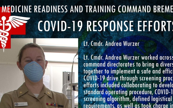 This is an official U.S. Navy informational graphic from Navy Medicine Readiness and Training Command Bremerton highlighting COVID-19 response efforts. It features Lt. Cmdr. Andrea Wurzer, who is credited with implementing a COVID-19 drive-through screening process across multiple command directorates. The graphic includes her photograph in uniform with a face mask and a detailed description of her contributions.
