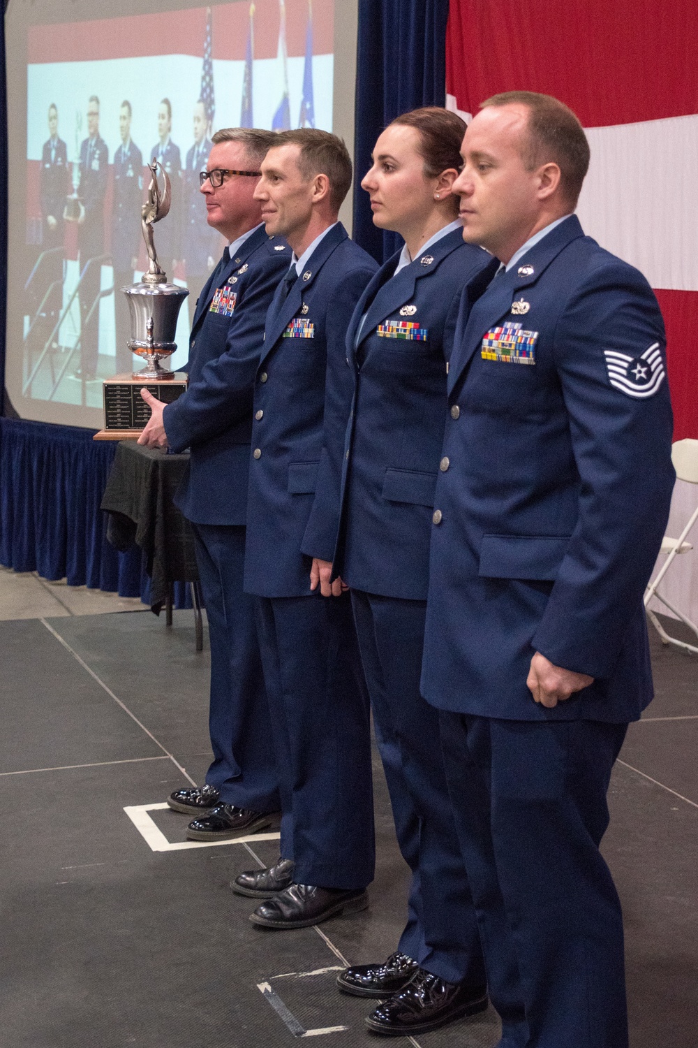 Lt. Col. Todd Hudson presents the 2019 Safety Award to 152nd Maintenance Crew