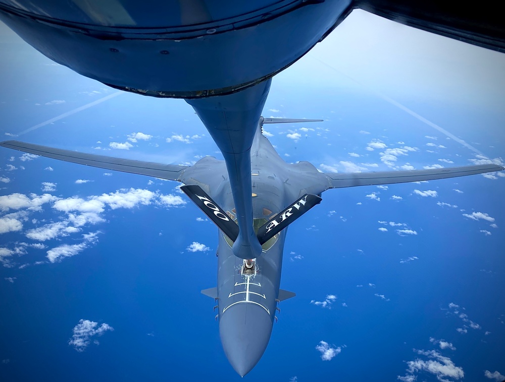 B-1B Lancer receives fuel from a KC-135 for Bomber Task Force