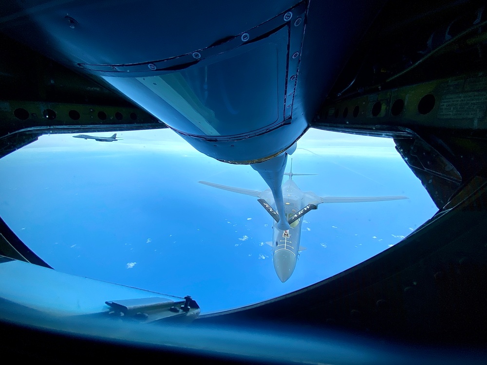 B-1B Lancer receives fuel from a KC-135 for Bomber Task Force