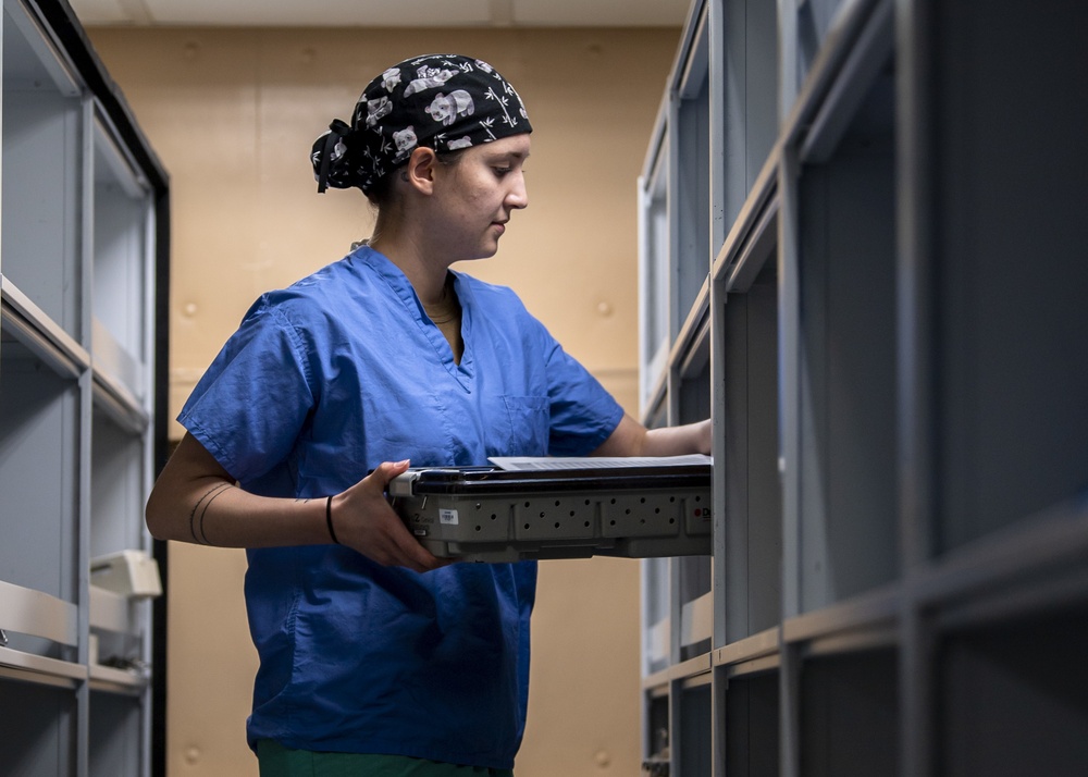 USNS Mercy Sailor Inventories Medical Equipment