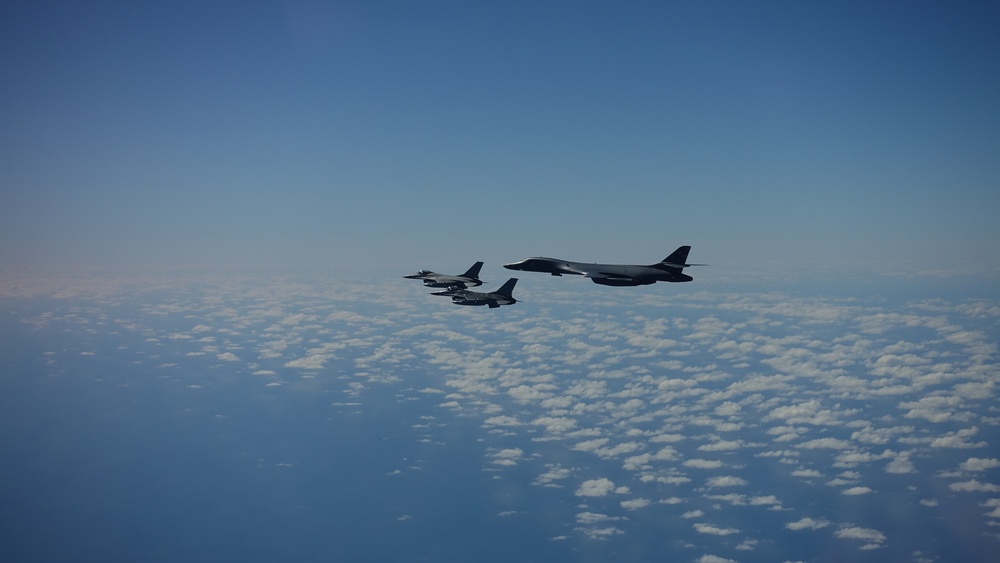 B-1 integrates with Danish F-16s over Europe