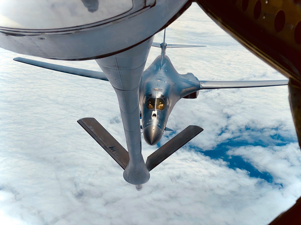 B-1B Lancer receives fuel from a KC-135 for Bomber Task Force - May 11, 2020