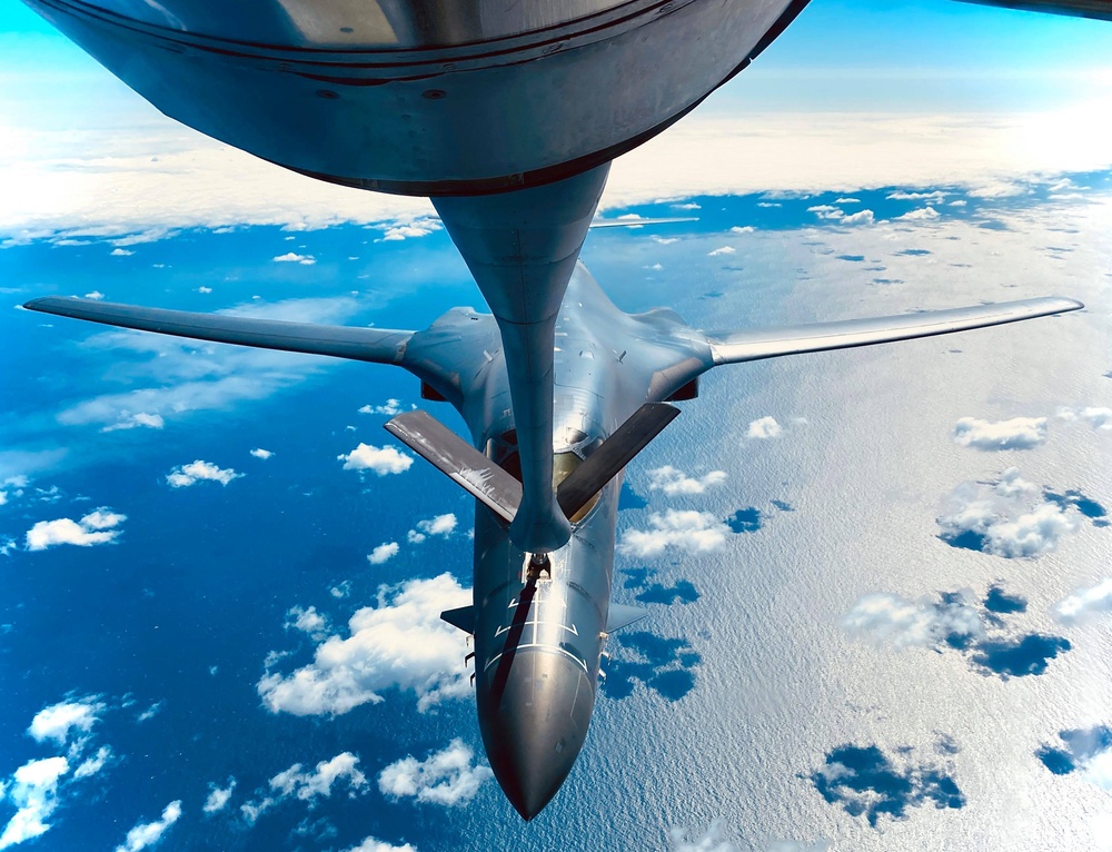B-1B Lancer receives fuel from a KC-135 for Bomber Task Force - May 11, 2020