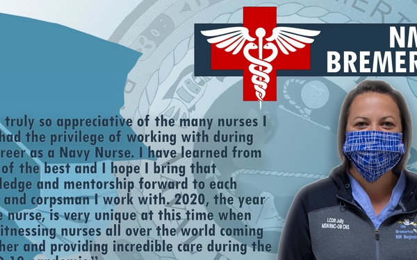This is a promotional/commemorative graphic celebrating the 112th Birthday of the Navy Nurse Corps, featuring Lt. Cmdr. Sondra Jolly from NMRTC Bremerton. The image includes a quote from Lt. Cmdr. Jolly about her appreciation for nurses and the significance of 2020 as the 'Year of the Nurse' during the COVID-19 pandemic. The graphic combines a photograph of the nurse with text elements, logos, and medical imagery.