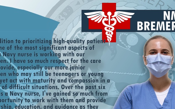 This is a promotional/commemorative graphic from NMRTC Bremerton celebrating the 112th Birthday of the Navy Nurse Corps. It features a quote from Lt. Elisabeth Mueller about her six years of experience as a Navy nurse, highlighting her respect for corpsmen. The image includes a photo of a nurse in blue scrubs and a face mask alongside official Navy Nurse Corps branding.