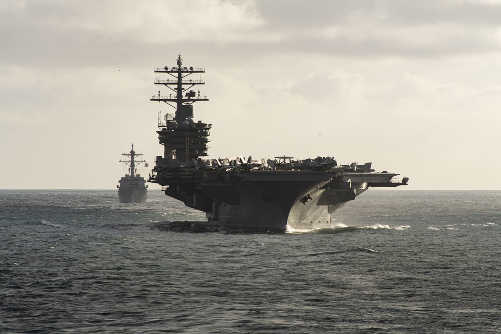 USS Nimitz and USS Ralph Johnson steam in formation