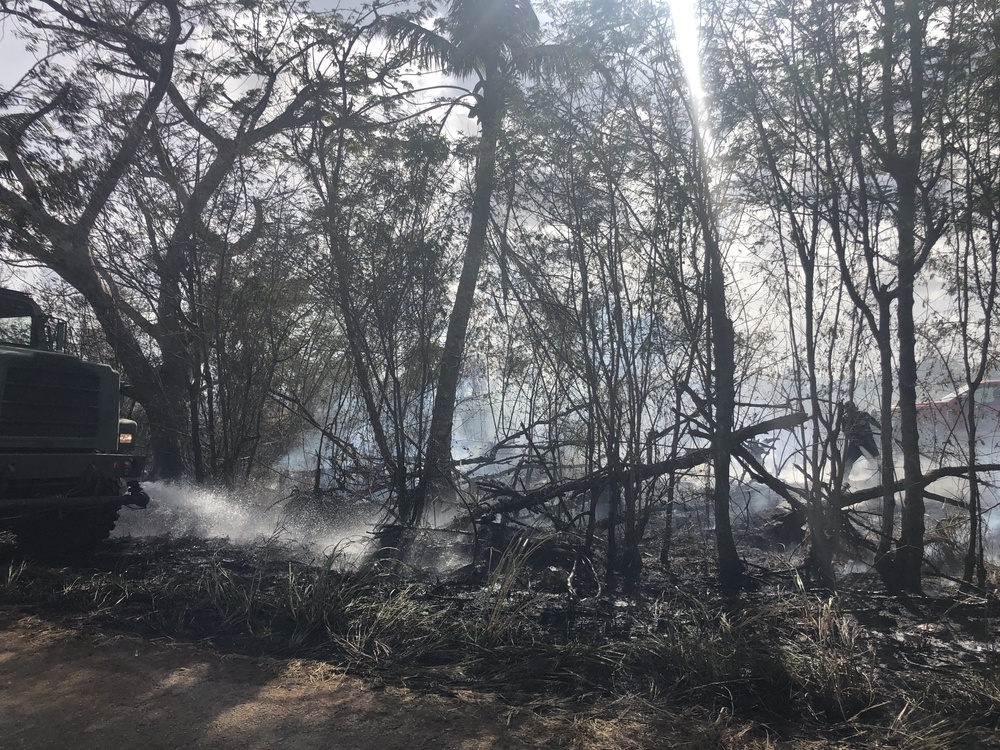 U.S. Navy Seabees with NMCB-5’s Detail Tinian help fight a local brushfire