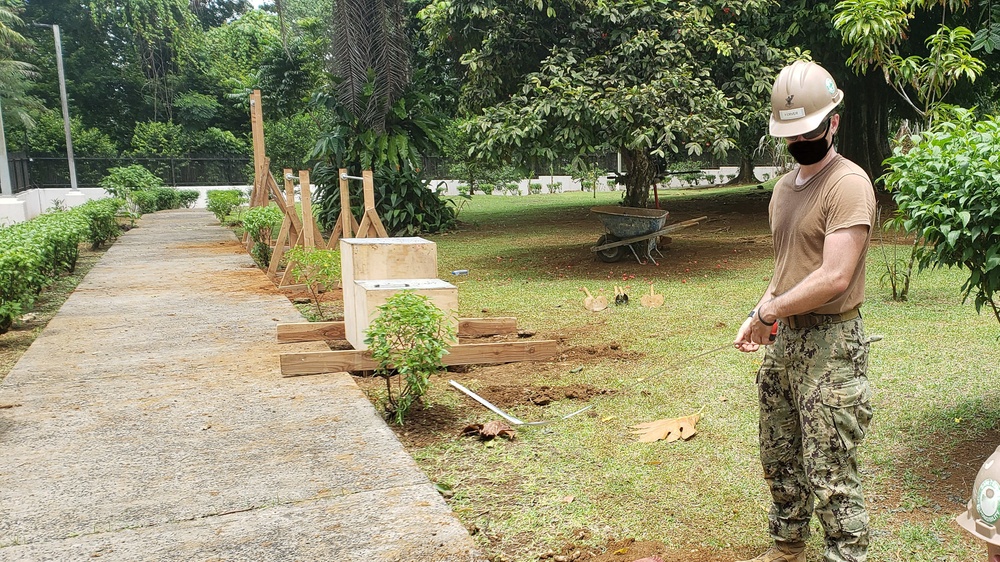 U.S. Navy Seabees with NMCB-5’s Detail Pohnpei build head and shower facilities to help prepare a COVID-19 response compound