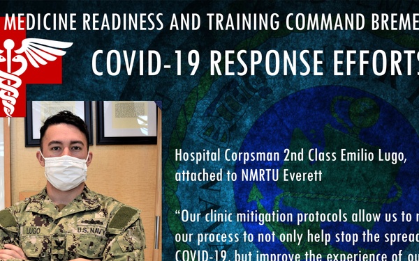 This is an official U.S. Navy informational graphic from Navy Medicine Readiness and Training Command Bremerton highlighting COVID-19 response efforts. It features Hospital Corpsman 2nd Class Emilio Lugo, attached to NMRTU Everett, wearing a face mask and Navy camouflage uniform. The graphic includes a quote from Lugo about clinic mitigation protocols to stop the spread of COVID-19 and improve patient experience.