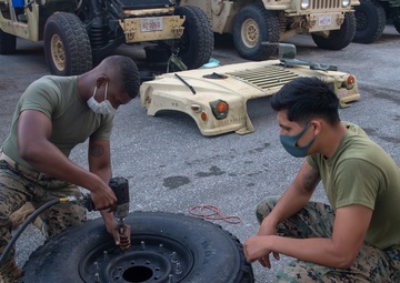U.S. Marines perform maintenance on a fleet of tactical vehicles