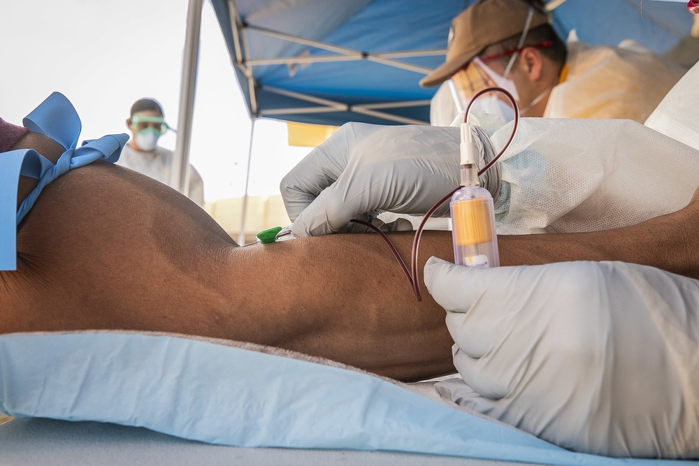 Navy Corpsmen with U.S. Naval Hospital Guam take samples from Sailors attached to USS Theodore Roosevelt for a CDC Study