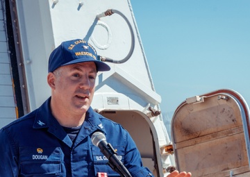 The Coast Guard Cutter Waesche conducts a change-of-command ceremony during their transit home following a 90-day counterdrug patrol