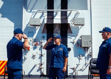 The Coast Guard Cutter Waesche conducts a change-of-command ceremony during their transit home following a 90-day counterdrug patrol