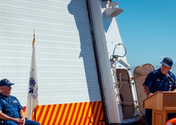 The Coast Guard Cutter Waesche conducts a change-of-command ceremony during their transit home following a 90-day counterdrug patrol