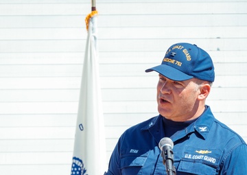 The Coast Guard Cutter Waesche conducts a change-of-command ceremony during their transit home following a 90-day counterdrug patrol