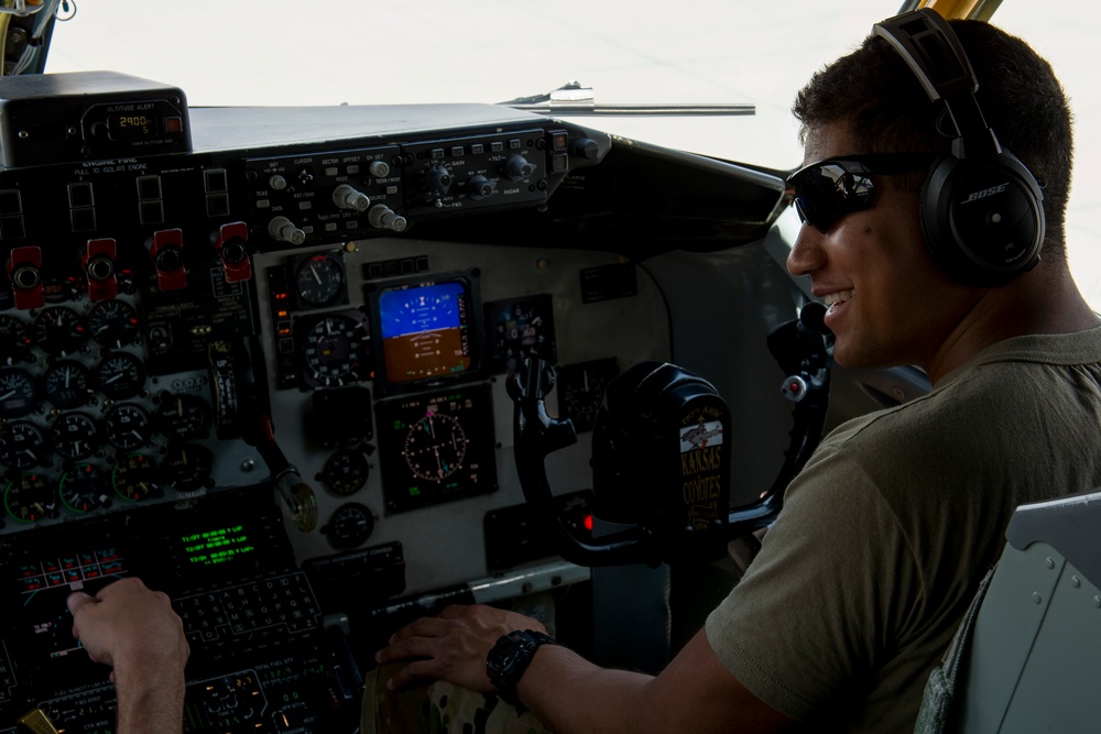 A U.S. Air Force KC-135 aircrew assigned to the 28th Expeditionary Air Refueling Squadron conducts an aerial refueling mission