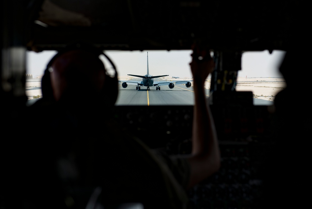 A U.S. Air Force KC-135 aircrew assigned to the 28th Expeditionary Air Refueling Squadron conducts an aerial refueling mission