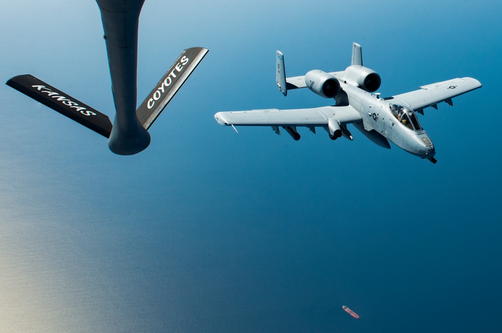 A U.S. Air Force KC-135 aircrew assigned to the 28th Expeditionary Air Refueling Squadron conducts an aerial refueling mission