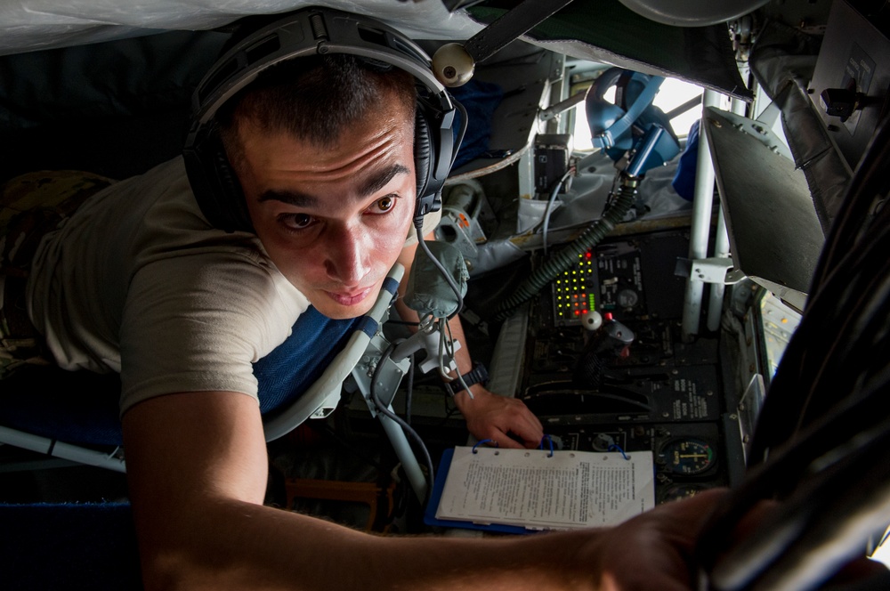 A U.S. Air Force KC-135 aircrew assigned to the 28th Expeditionary Air Refueling Squadron conducts an aerial refueling mission