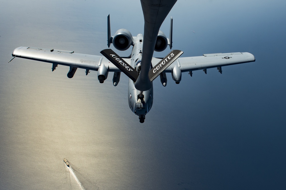 A U.S. Air Force KC-135 aircrew assigned to the 28th Expeditionary Air Refueling Squadron conducts an aerial refueling mission